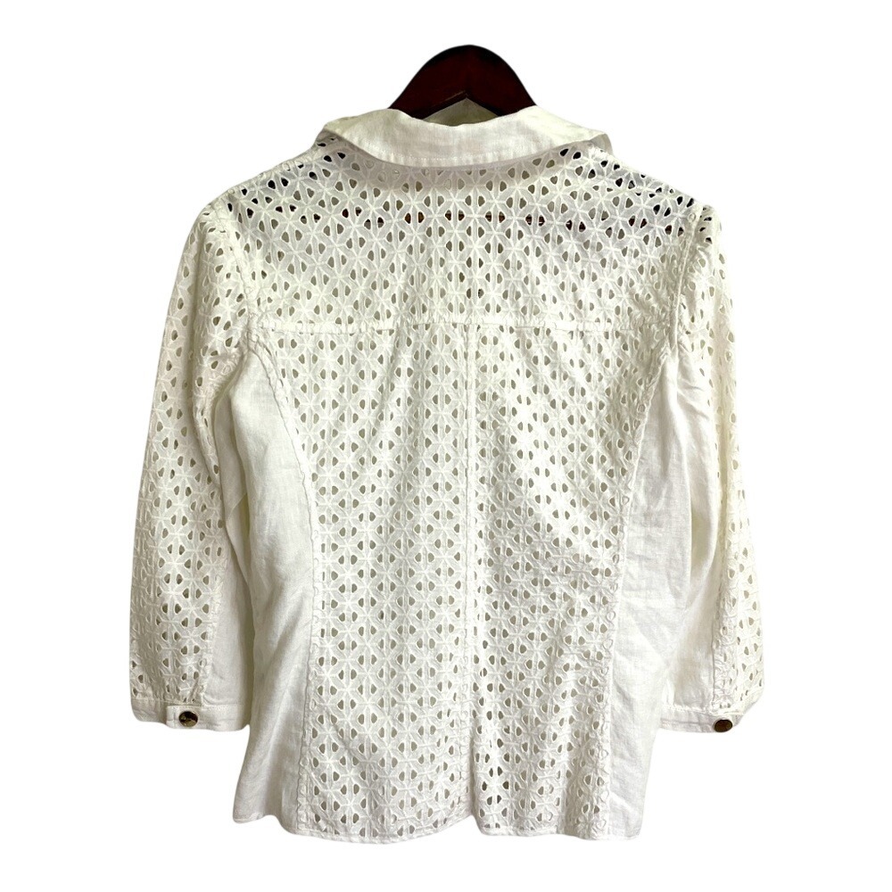 Chico's Linen Eyelet Jacket Women Size Small White Pockets - Picture 2 of 9